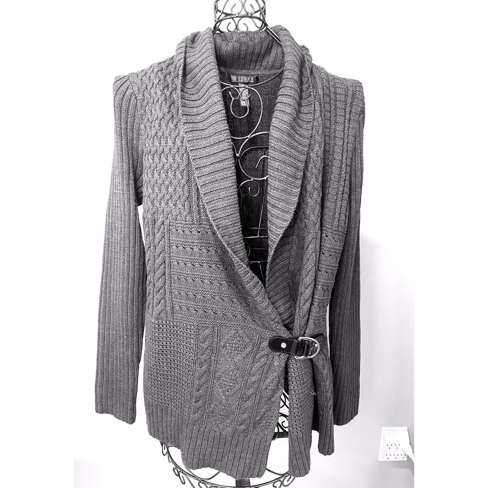 Lauren‎ Ralph Lauren Gray Cable Knit Patchwork Buckle Cardigan Sweater XL